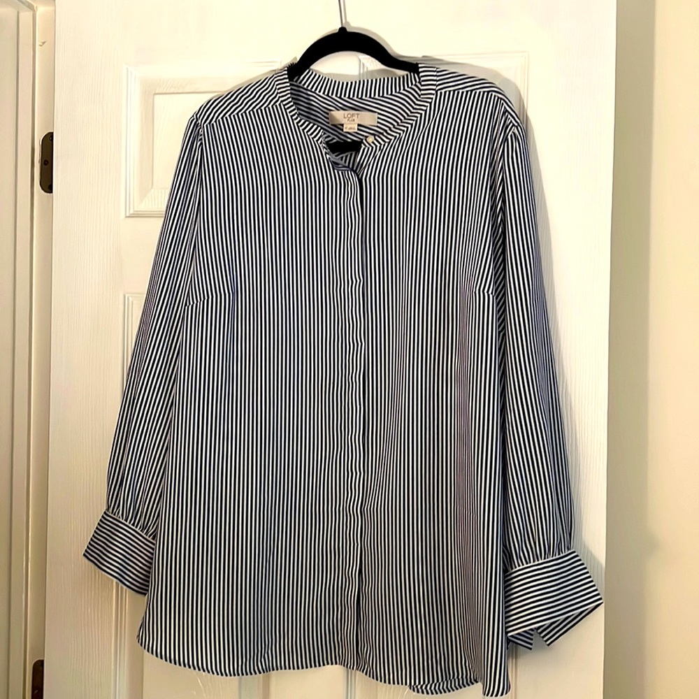 Loft Navy Blue and White Stripe Blouse